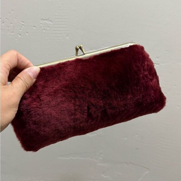 Burgundy Real Shearling Leather Kisslock Clutch/Cosmetic Case/Phone Case - Picture 5 of 14